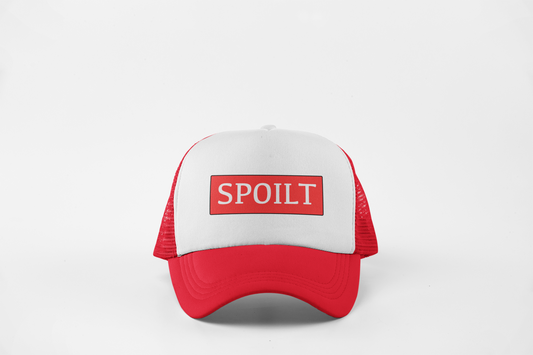 Red Trucker Hat With Red Boxed Spoilt Design